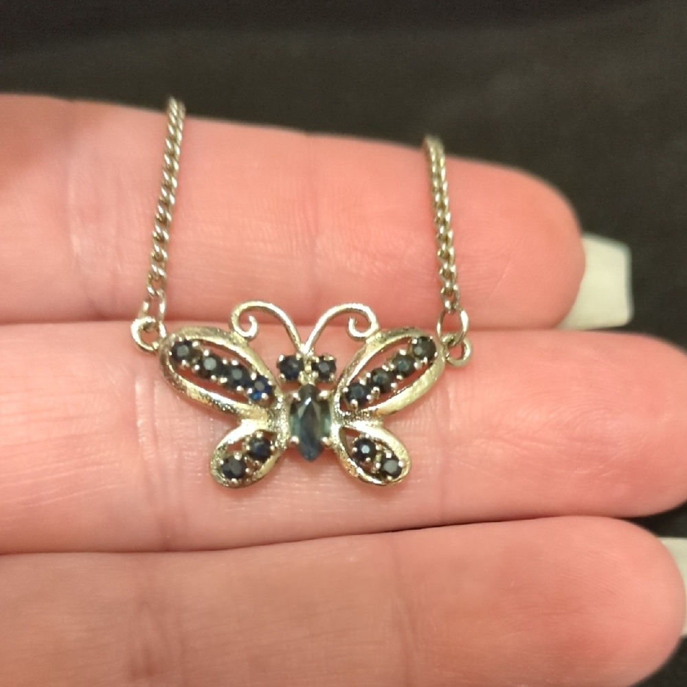Vintage Precious Sterling Silver And Sapphire 18in.Butterfly Necklace